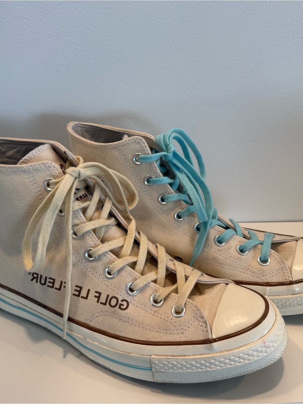 Golf Le Fleur High-Top Canvas Sneakers in Natural with Teal Laces